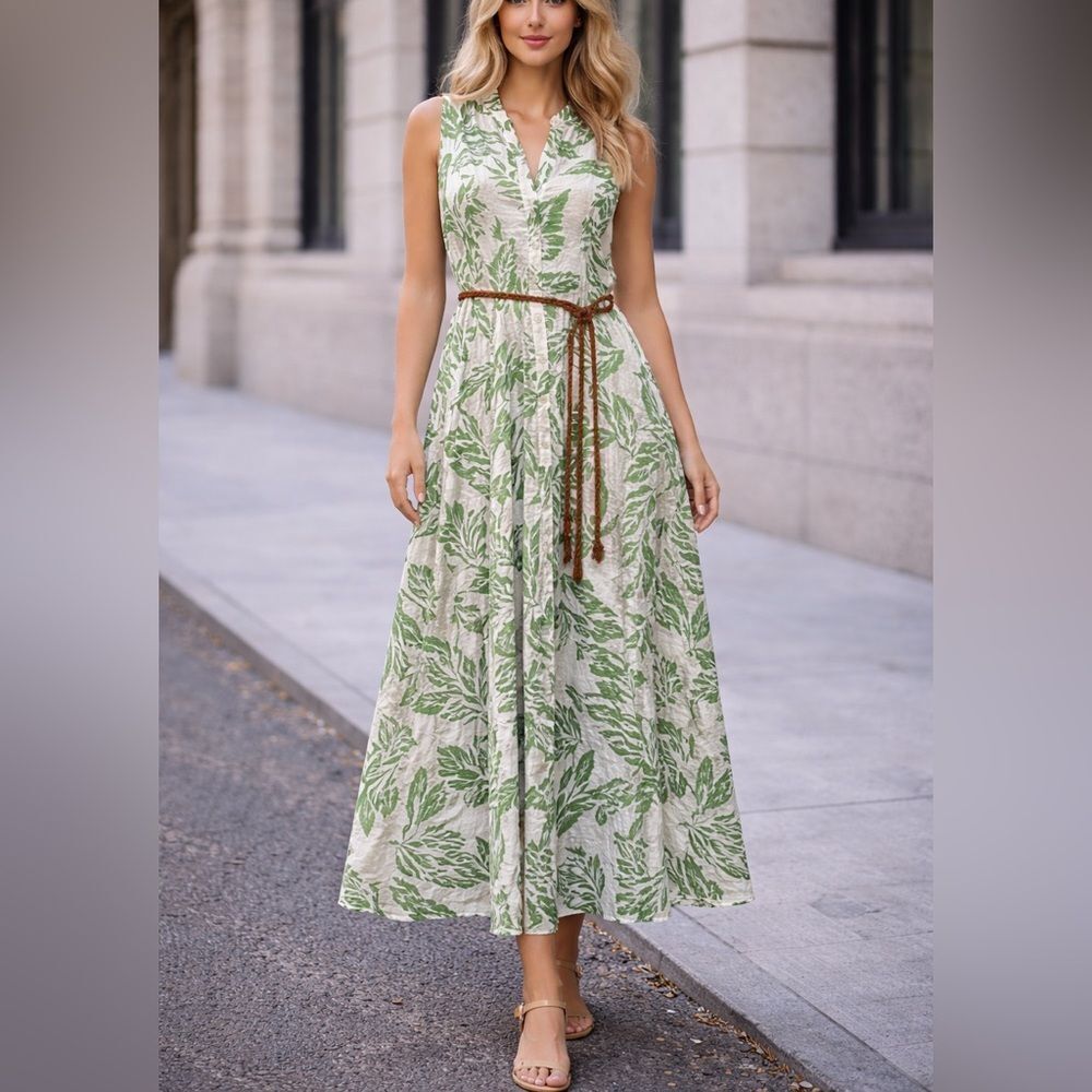 Aakaa Green Leaf Print Sleeveless Midi Dress Button Front Rope Belt M